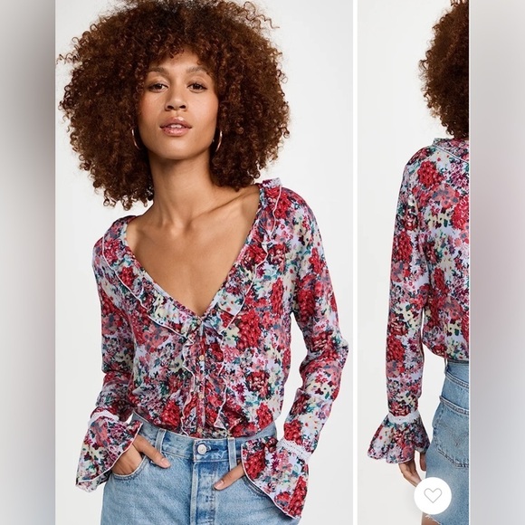 Free People Tops - Free People Floral Ruffle V-Neck Long Sleeve Bodysuit in Red, Pink, Blue